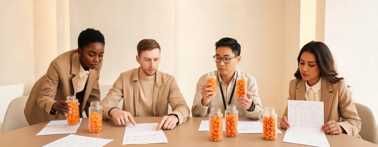 Procurement team comparing vitamin D gummy packaging and specification documents